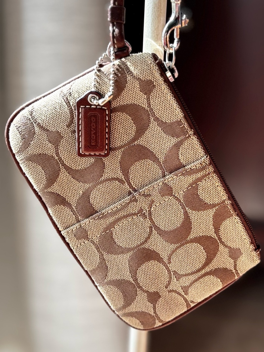 Coach Brown Tan Jacquard Signature Canvas Wristlet with Leather Trim